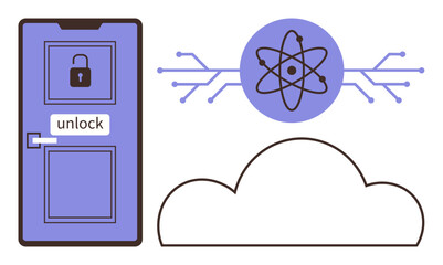 Poster - Locked door with unlock label, atom with circuits, cloud. Ideal for data privacy, cybersecurity, technology, innovation, AI IoT science concepts. Clear simple flat metaphor