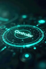Poster - Vibrant teal and black hues create a futuristic digital interface, vertical composition. A glowing circular controller graphic dominates the composition, emphasizing technological control.