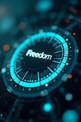 Poster - Futuristic teal and black circular interface glows with vibrant energy, vertical composition. The word Freedom is prominently displayed at its center, symbolizing technological liberation.