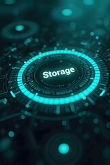 Poster - Futuristic teal and black circular interface design features glowing concentric rings and a central Storage label, vertical composition. This captivating technological abstract is ideal for projects.