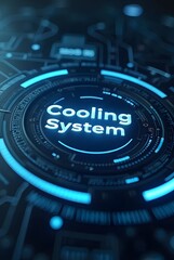 Poster - Abstract blue glowing circular design showcases a futuristic cooling system, vertical composition. Intricate technological details create a visually striking and innovative composition.