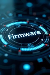 Poster - Abstract digital technology concept showcases a vibrant blue and black circular interface, vertical composition. The word Firmware is prominently displayed, creating a powerful visual representation.