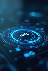 Poster - Abstract NFC technology interface glows with vibrant blue hues, vertical composition. Its concentric circles and futuristic design create a captivating visual effect perfect for tech-related projects.