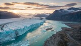 Aerial view of cracked glacier with turquoise meltwater