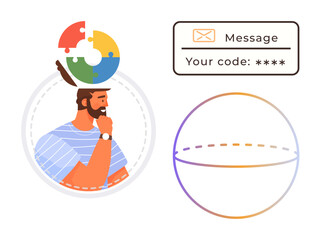 Poster - Man thinking with puzzle elements symbolizing ideas, secure code message, striped shirt. Ideal for security, innovation, problem-solving, brainstorming, technology, creativity digital safety themes
