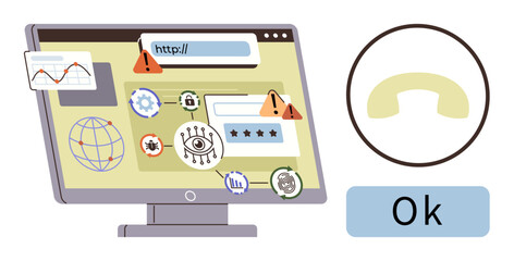 Poster - Computer monitor with browser warnings, malware icons, and security symbols. Ideal for cybersecurity, internet safety, hacking, phishing, online security, risk awareness simple flat metaphor