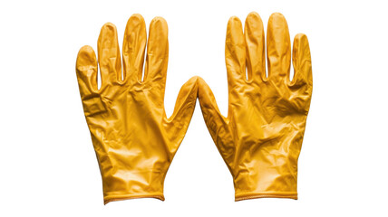 Yellow rubber gloves displayed on an transparent background for cleaning and safety use