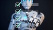 © RAFIQ - Advanced humanoid robot interacting with a digital checklist completing tasks and demonstrating artificial intelligence in a futuristic technological concept