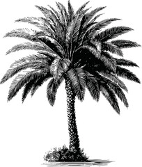 Wall Mural - black and white illustration of a detailed palm tree with textured leaves. vector illustration