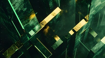 Wall Mural - Abstract Green Gold Geometric Blocks Digital Art