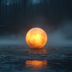 glowing orb on a dark surface with reflection and fog creating an ethereal atmosphere in the night
