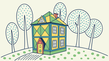 Illustration of a colorful house with trees isolated on white background, a charming and decorative design element for various creative projects