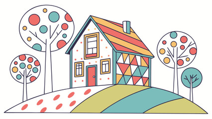 Illustration of a colorful house with trees isolated on white background, a charming and decorative design element for various creative projects