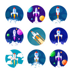 Wall Mural - Rocket launch, space futuristic colorful background with planets and stars. Cartoon starship, spaceship in night sky. Solar system, galaxy and universe exploration. Vector illustration