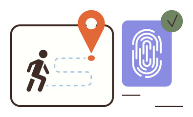 Poster - Person following dotted path towards location pin, fingerprint icon with green check mark. Ideal for security, identity, navigation, direction, tracking, authentication technology. Simple flat