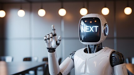 Futuristic humanoid robot with a glowing screen displaying the word next on its face pointing upwards with its index finger in a modern office environment
