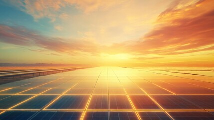 Vast array of solar panels under a vibrant sunset sky.