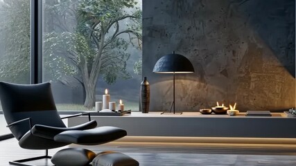 Poster - Contemporary interior design showcases a comfortable chair, stylish lamp, and warm candlelight, creating a peaceful ambiance at dusk