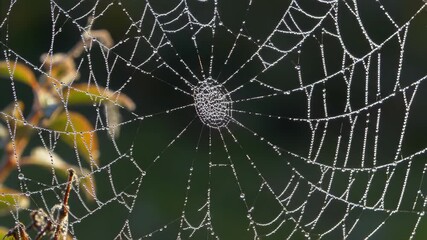 Spiderweb Covered in Dew Drops Sparkling in Early Morning Light on a Green Background