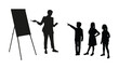 © Andreas - Woman teacher standing at whiteboard teaching children pupils in elementary school black silhouettes isolated on white background.