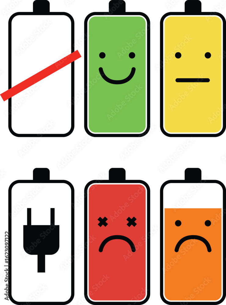 Six battery icons displaying different charge levels and corresponding ...