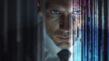 Poster - Code Weaver: An intense close-up of a focused individual, data streams overlaying his face. This image captures a compelling narrative of tech expertise and digital integration.