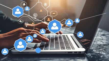 Poster - Hands typing on a laptop as digital icons representing social interaction and online networking appear in a contemporary office space