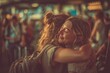 © Maria - Two friends hug tightly at arrivals gate, emotional reunion among busy crowd