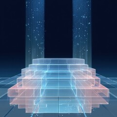 Wall Mural - Abstract Transparent Staircase with Vertical Columns and Light Particles on Grid Surface