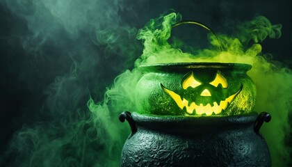 Wall Mural - a glowing jack-o'-lantern face emanates from a bubbling cauldron filled with eerie green smoke against a dark background.