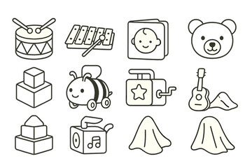Wall Mural - music and toy outline icon set. band, baby, playtime icons for interactive design