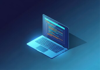 Isometric laptop showing program code on a screen against dark blue background