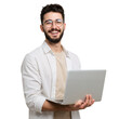 © Alaa stock - A confident young man with dark hair and glasses smiles brightly while cradling a laptop against a transparent background(PNG).
