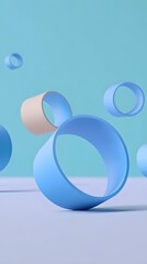 Wall Mural - Abstract 3D Blue and Beige Rings Floating Minimalist Background