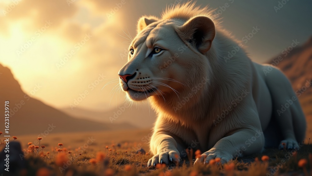 Majestic White Lion Resting Under a Golden Sunset Sky in the African ...