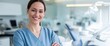 © kodidesign - Smiling Caucasian female dental assistant in blue uniform standing confidently in clean modern dental clinic with copy space, ideal for healthcare websites, patient services, and oral hygiene promotio
