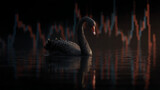 A black swan swimming in water with a blurred stock chart in the background on a dark day