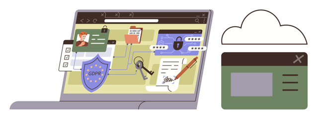 Poster - Laptop with GDPR badge, key, padlock, user ID, files, cloud, and contracts. Ideal for cybersecurity, data privacy compliance digital protection secure storage IT solutions simple flat metaphor