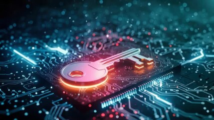 A glowing key symbolizing digital security and encryption set against a backdrop of intricate circuit patterns representing technology and innovation in cybersecurity