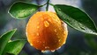 © Vesper - close up of fresh orange with water droplets on leafy branch
