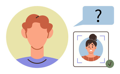 Poster - Portrait of a user compared against a photo via facial recognition software. Ideal for security, technology, authentication, online privacy, AI, biometrics, digital access. Simple flat metaphor