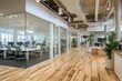 © SKIMP Art - A modern office space with white and wood accents, featuring glass walls that reflect the surrounding work area Generative AI