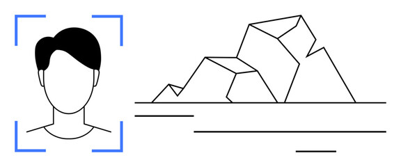 Poster - Minimal face outline within recognition frame and geometric iceberg above waterline. Ideal for security, technology, privacy, artificial intelligence, surveillance, data transparency, hidden systems