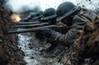 © nabakumar - intense WW1 trench warfare with muddy trenches and soldiers firing rifles