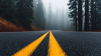 Wall Mural - A scenic road lined with tall trees disappears into a foggy background, creating a serene yet mysterious atmosphere.