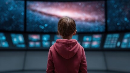 Wall Mural - A child gazes at a starry galaxy displayed on multiple screens, embodying curiosity and wonder about the universe.