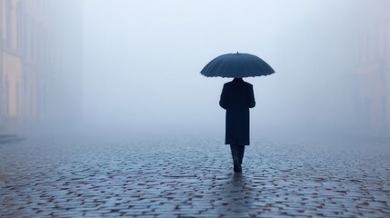Wall Mural - A solitary figure walks with an umbrella in a foggy street, creating a mysterious and atmospheric scene.