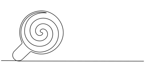 Continuous line drawing of lollipop, spiral hard sugar candy on stick. Vector sketch of round caramel with striped swirls in one black contour isolated on white background, One line Lollypop. Simple. 