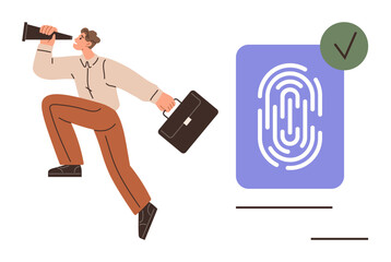 Poster - Man with megaphone and briefcase walking toward digital fingerprint with approval checkmark. Ideal for digital security, authentication, identity, biometrics, business, career, and marketing themes