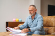 © Iryna - Man reviewing financial documents while sitting on a couch in a cozy living room during the daytime